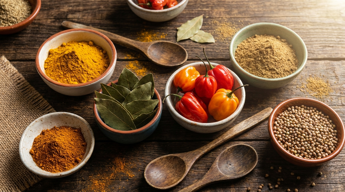 Épices créoles antillaises : colombo, bois d'Inde, piment végétarien