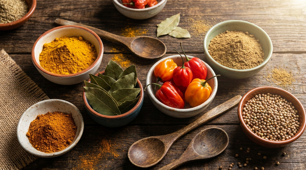 Épices créoles antillaises : colombo, bois d'Inde, piment végétarien