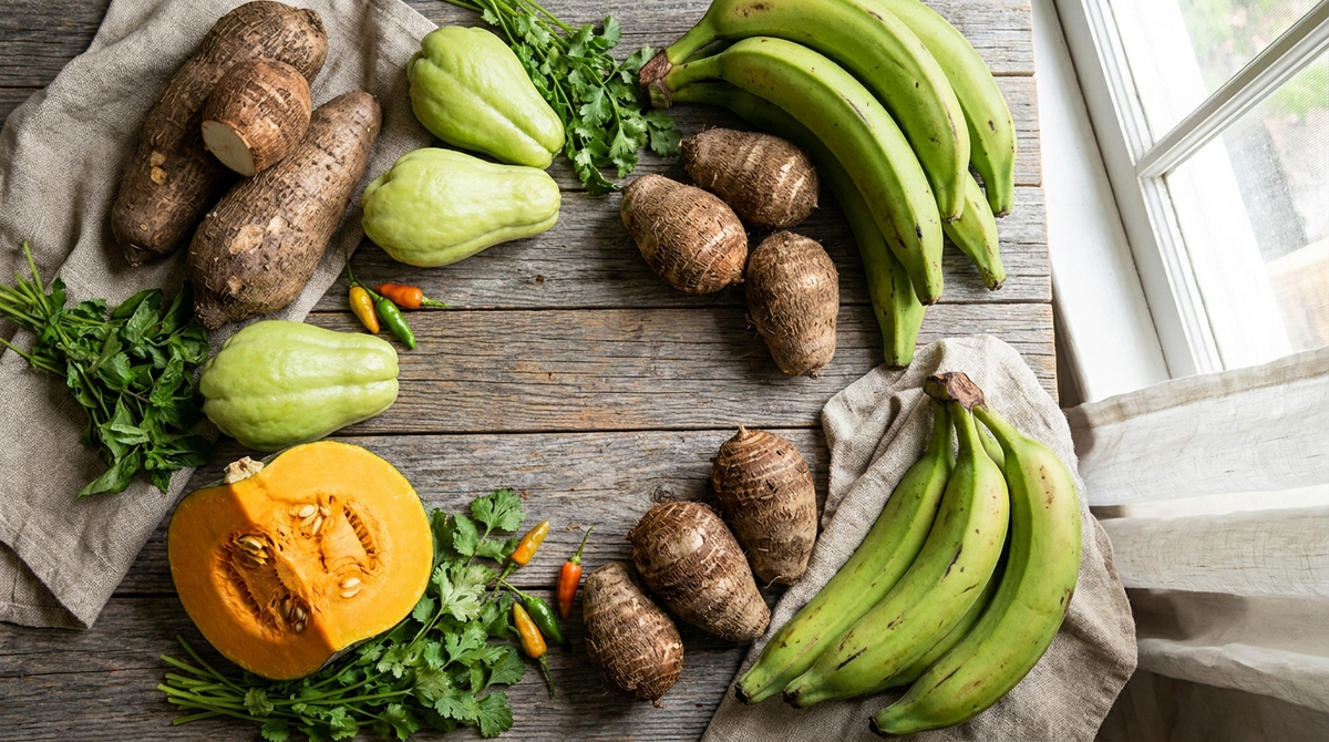Légumes pays antillais : igname, christophine, giraumon, malanga