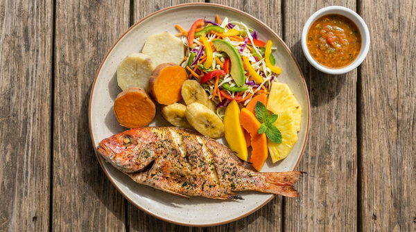 Assiette équilibrée de cuisine créole saine avec poisson grillé et légumes