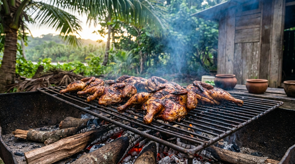 Poulet boucané martiniquais cuit au feu de bois
