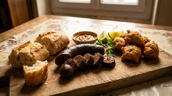 Boudin créole antillais tranché avec accras et pain frais